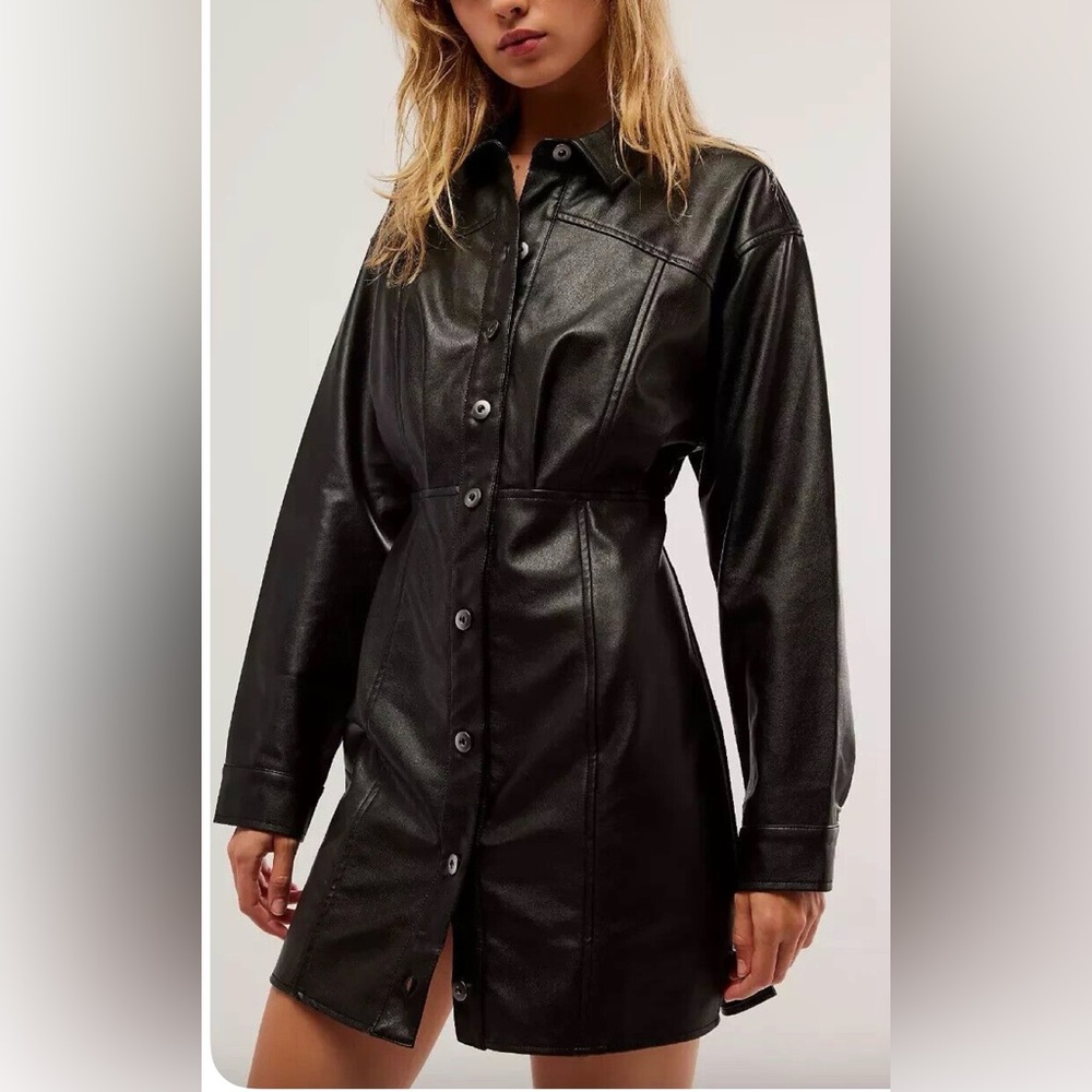 Free People Amber Vegan Mini Shirt Dress in black faux leather